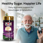 Man holding a glucometer with a bottle of Diaba Care Pro in a home setting, promoting daily Ayurvedic support for blood sugar and metabolism.