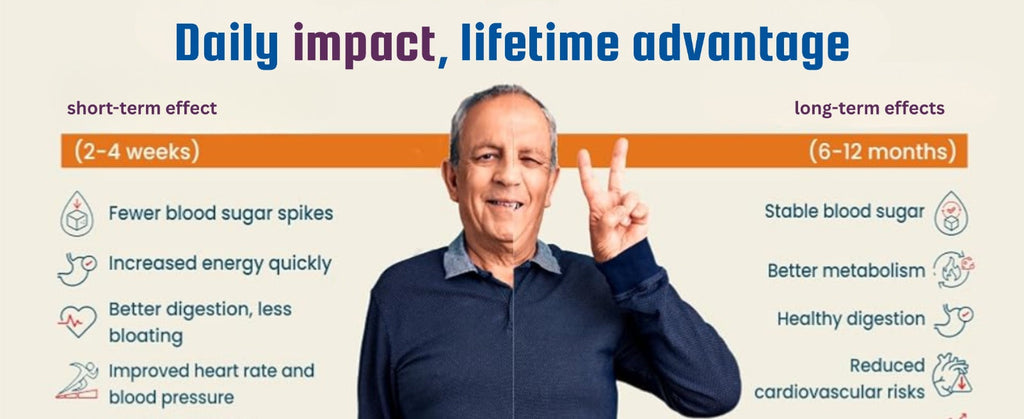 Man pointing upwards with text about daily impact and lifetime advantage on a white background
