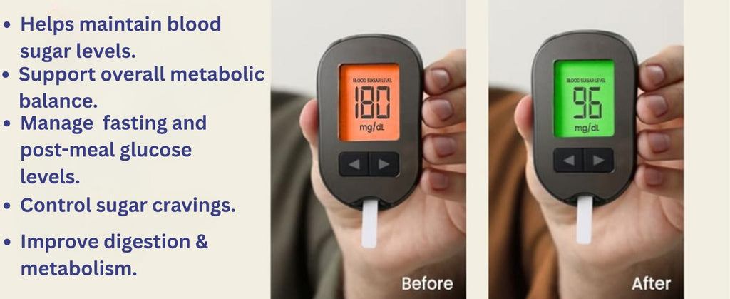 Glucose meter readings with text on blood sugar benefits
