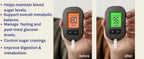 Glucose meter readings with text on blood sugar benefits