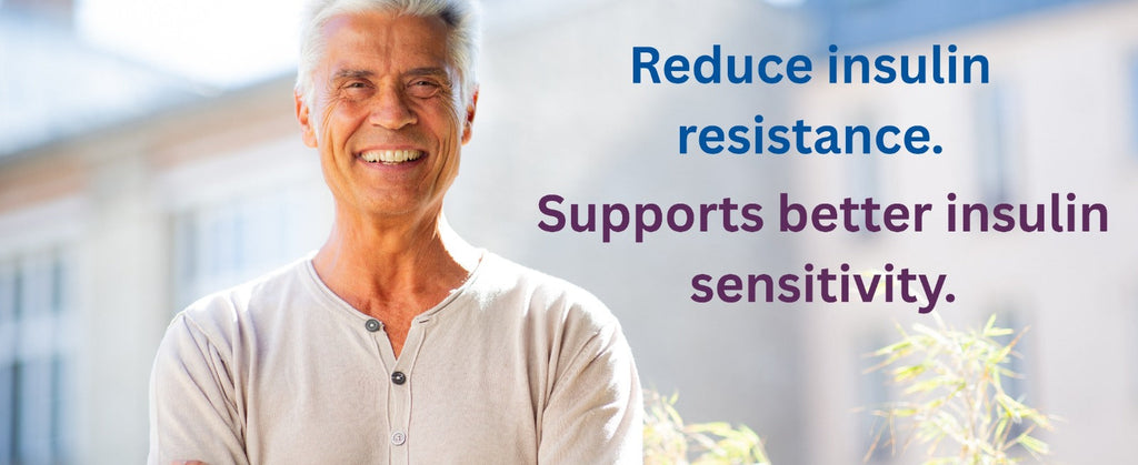 Man standing outdoors with text about reducing insulin resistance and improving insulin sensitivity.