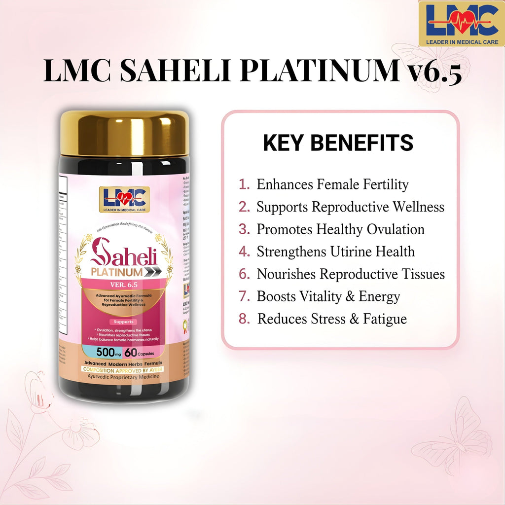 LMC Healthcare Saheli Platinum Ayurvedic women's wellness supplement bottle with premium packaging, formulated to support hormonal balance, reproductive health, energy, vitality, and overall feminine wellness.